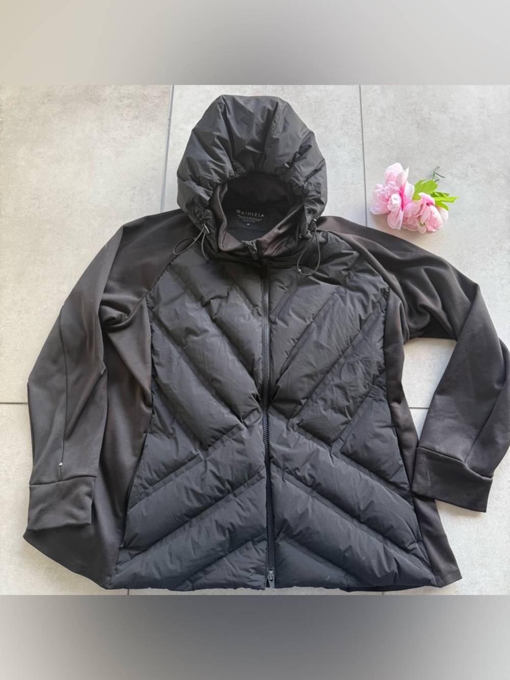 Athleta Black Quilted Hooded Hybrid Jacket 2X full zipper pockets